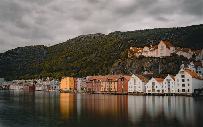 Bergen, kv&#228;ll, sunset, hem, fjord, Bergen stadsbilden, Hordaland, Norge