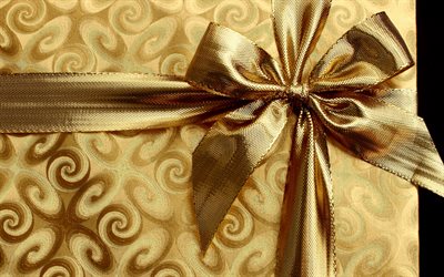 Golden silk bow, golden box gift, golden silk texture, gifts, golden silk ribbon