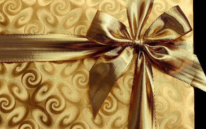 De seda de oro de proa, caja de oro de regalo, de seda de oro de la textura, de regalos, de seda de oro de la cinta
