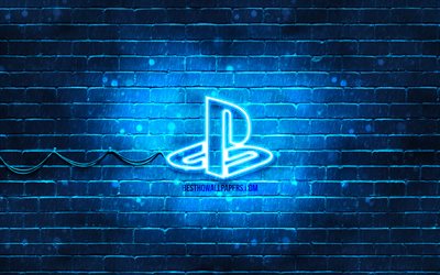 PlayStation logo bleu, 4k, bleu brickwall, PlayStation logo, marques, PlayStation n&#233;on logo PlayStation