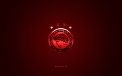 Olympiacos FC, Greek football club, Super League Greece, red logo, red carbon fiber background, football, Piraeus, Greece, Olympiacos FC logo, Olympiacos Piraeus