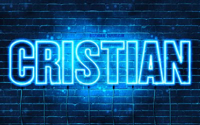 Cristian, 4k, taustakuvia nimet, vaakasuuntainen teksti, Cristian nimi, blue neon valot, kuva Cristian nimi