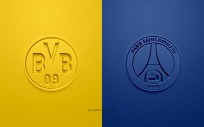 Borussia Dortmund vs PSG, UEFA Champions League, 3D logot, mainosmateriaali, keltainen-sininen tausta, Mestarien Liigan, jalkapallo-ottelu, Borussia Dortmund, PSG, Paris Saint-Germain