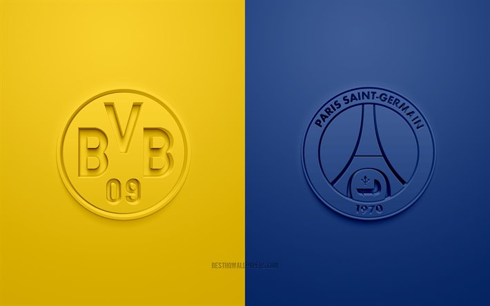 Borussia Dortmund vs PSG, UEFA Champions League, loghi 3D, materiali promozionali, giallo-blu di sfondo, Champions League, partita di calcio, Borussia Dortmund, PSG, il Paris Saint-Germain