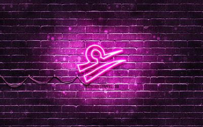 Libraネオン看板, 4k, 紫brickwall, 【クリエイティブ-アート, 十二支の看板, Libra&quot;干支のシンボル, Libra&quot;干支, 占星術, Libra占いサイン, astrologicalサ, 十二支のネオン看板, Libra