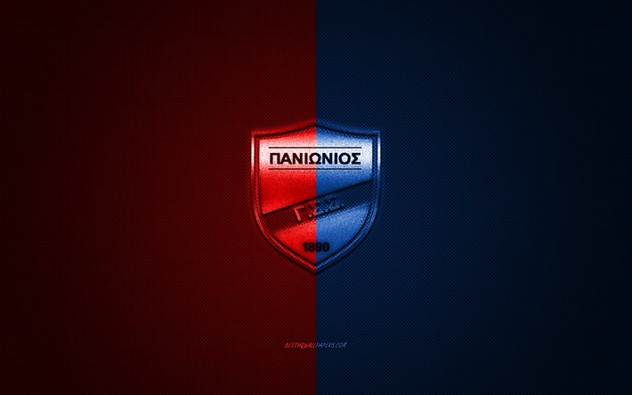 Panionios FC, club di calcio greco, Grecia Super League, blu logo rosso, azzurro, rosso contesto in fibra di carbonio, calcio, Nea Smyrni, Grecia, Panionios FC logo