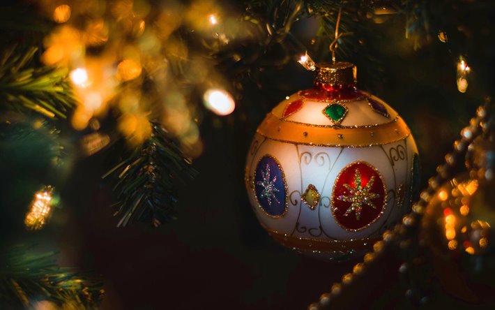 De oro bola de navidad, &#225;rbol de navidad, decoraci&#243;n, desenfocado