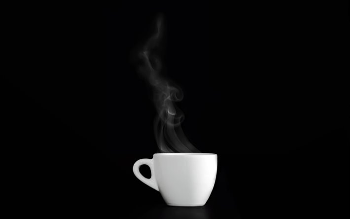 taza blanca sobre un fondo negro, taza de caf&#233;, vapor, humo, caf&#233; conceptos