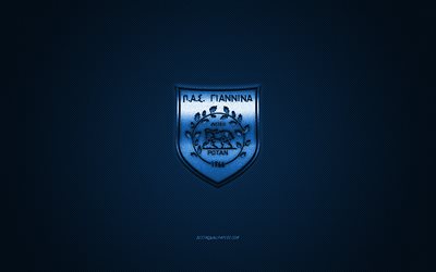 PAS Giannina FC, ギリシャのサッカークラブ, スーパーリーグのギリシャ, 青色のロゴ, ブルーカーボンファイバの背景, サッカー, ヨアニナ, ギリシャ, PAS Giannina FCロゴ