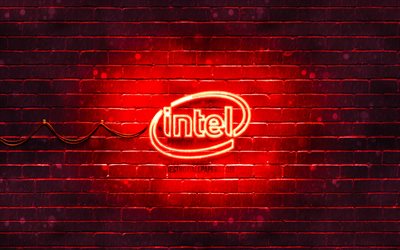 Intel red logo, 4k, red brickwall, Intel logo, brands, Intel neon logo, Intel