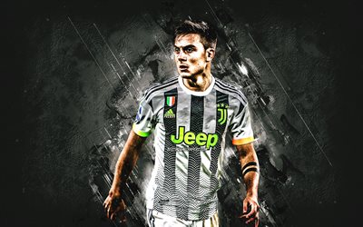 Paulo Dybala, Argentine footballer, Juventus FC, Dybala Juventus, portrait, Juventus uniform 2020, gray stone background, Serie A, Italy, football