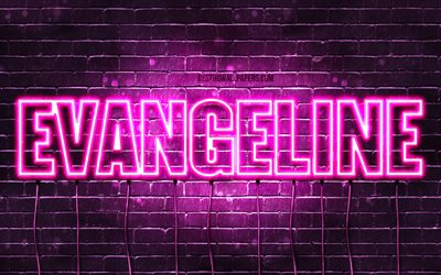 Evangeline, 4k, wallpapers with names, female names, Evangeline name, purple neon lights, horizontal text, picture with Evangeline name