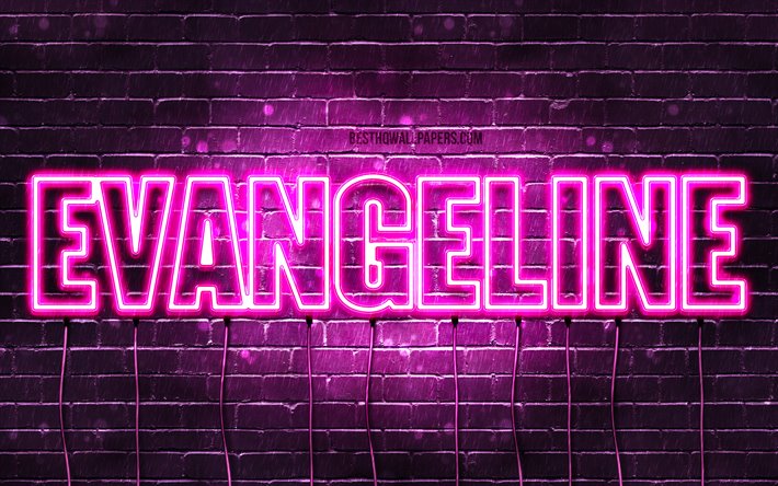 Evangeline, 4k, wallpapers with names, female names, Evangeline name, purple neon lights, horizontal text, picture with Evangeline name