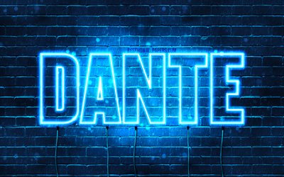 Dante, 4k, taustakuvia nimet, vaakasuuntainen teksti, Dante nimi, blue neon valot, kuva Dante nimi