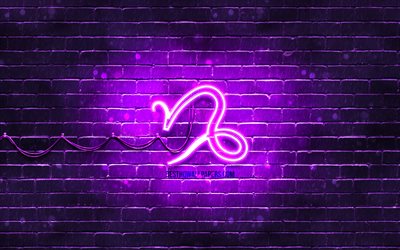 steinbock-leuchtreklame, 4k, violett brickwall, kreative kunst, sternzeichen, steinbock sternzeichen symbol steinbock sternzeichen, astrologie, steinbock sternzeichen, tierkreis-neon-zeichen, steinbock