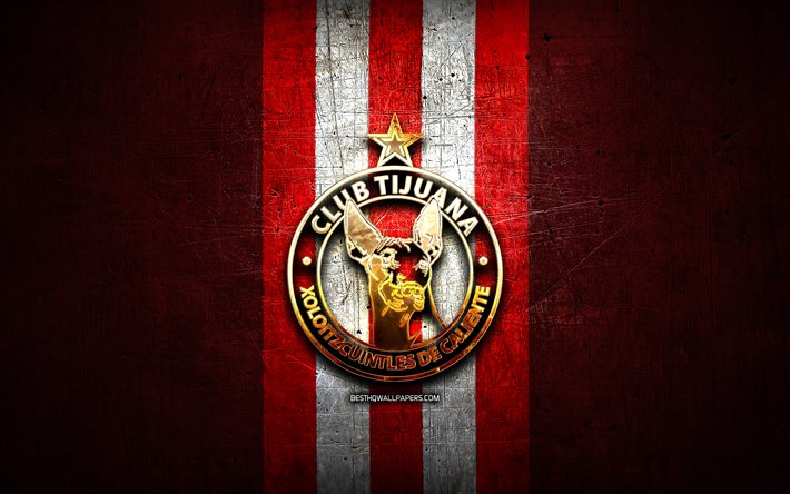 Club Tijuana FC, golden logo, Liga MX, red metal background, football, Club Tijuana, mexican football club, Club Tijuana logo, soccer, Mexico