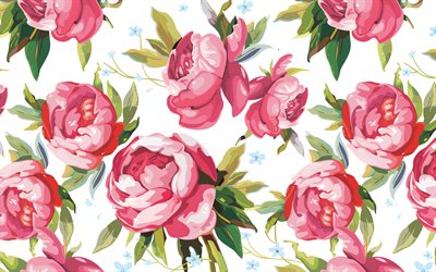 pink peonies pattern, 4k, floral patterns, decorative art, flowers, peonies patterns, abstract peonies pattern, background with peonies, floral textures