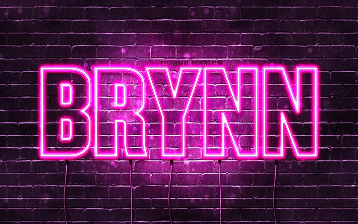 Brynn, 4k, wallpapers with names, female names, Brynn name, purple neon lights, horizontal text, picture with Brynn name