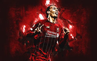 Virgil van Dijk, Liverpool FC, Hollantilainen jalkapalloilija, punainen kivi tausta, Premier League, Englanti, jalkapallo, muotokuva