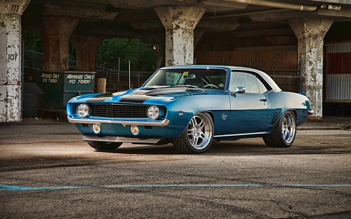 Chevrolet Camaro SS, muscle cars, 1969 cars, tuning, retro cars, blue Camaro, Customized Chevrolet Camaro, american cars, Chevrolet