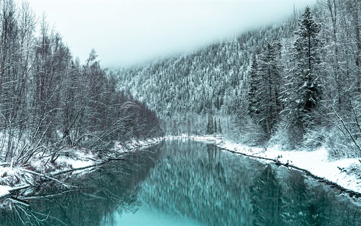 winter landscape, glacial river, mountain landscape, fog, mountains, snow, USA