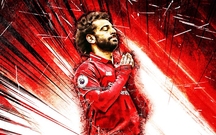 Mohamed Salah, tavoite, Liverpool FC, egyptin jalkapalloilijat, henkil&#246;kohtainen juhla, LFC, punainen abstrakti-s&#228;teilt&#228;, V&#228;&#228;rin, Premier League, grunge art, jalkapallo, Mohamed Salah art, Salah Liverpool, Mo Salah