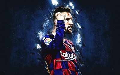 Lionel Messi, Argentine footballer, FC Barcelona, La Liga, Catalonia, Spain, blue stone background, portrait, Messi Barcelona