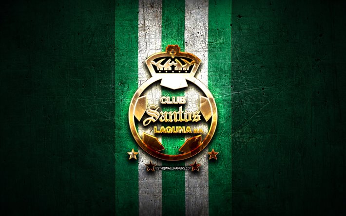 santos laguna-fc golden logo, liga mx, green metal background, football, club santos laguna mexican football club santos laguna logo, soccer, mexico