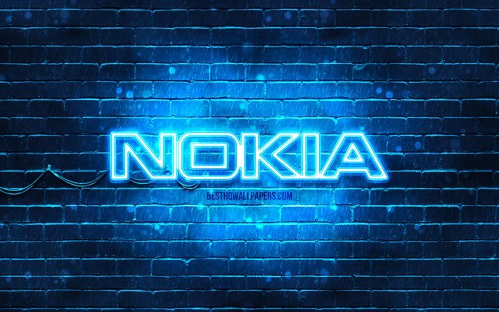 Logo blu Nokia, 4k, muro di mattoni blu, logo Nokia, opera d&#39;arte, logo nokia al neon, Nokia