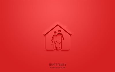 Ic&#244;ne 3d de famille heureuse, fond rouge, symboles 3d, famille heureuse, ic&#244;nes de la famille, ic&#244;nes 3d, signe de famille heureuse, ic&#244;nes 3d de famille