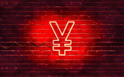 Chinese yuan neon icon, 4k, red background, currency, neon symbols, Chinese yuan, neon icons, Chinese yuan sign, currency signs, Chinese yuan icon, currency icons