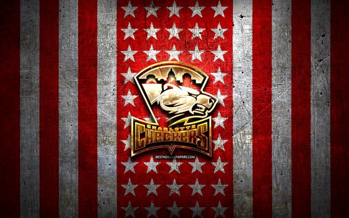 Charlotte Checkers flag, AHL, red white metal background, american hockey team, Charlotte Checkers logo, USA, hockey, golden logo, Charlotte Checkers