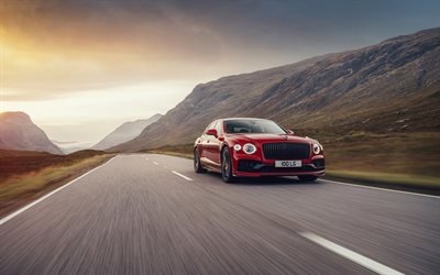Bentley Flying Spur, 2021, vista frontale, esterno, berlina rossa, nuovo rosso Flying Spur, auto britanniche, Bentley