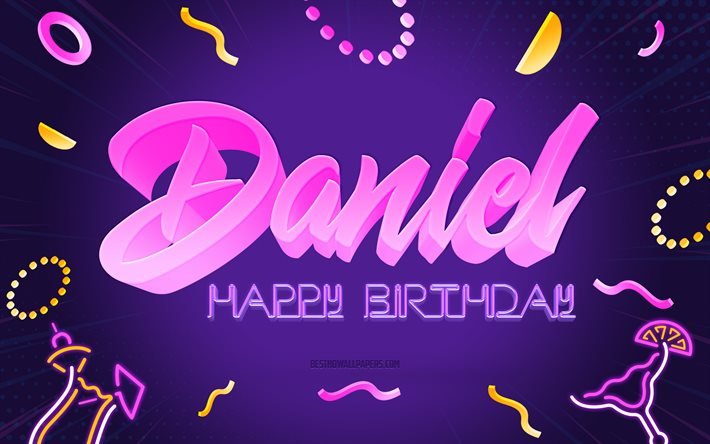 お誕生日おめでとうダニエル, 4k, 紫のパーティーの背景, ダニエル, クリエイティブアート, ダニエルの誕生日おめでとう, ベンジャミンの名前, ダニエルの誕生日, 誕生日パーティーの背景