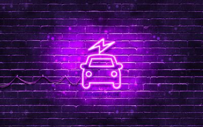 Elbil neonikon, 4k, violett bakgrund, neonsymboler, Elbil, neonikoner, Elbilskylt, transportskyltar, Elbilikon, transportikoner
