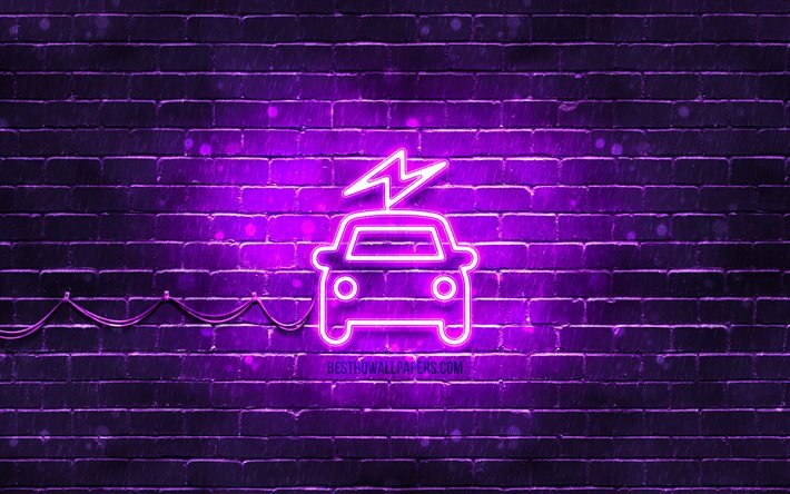 elektroauto neon symbol, 4k, violetter hintergrund, neon symbole, elektroauto, elektroauto zeichen, transportzeichen, elektroauto symbol, transport symbole