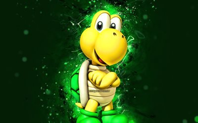 Koopa Troopa, 4k, dinosauro dei cartoni animati, luci al neon verdi, Super Mario, creativo, personaggi di Super Mario, Koopa Troopa Super Mario