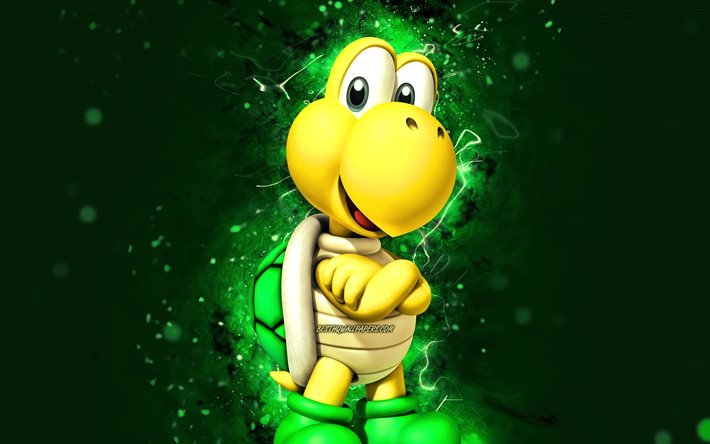 Koopa Troopa, 4k, dinosaure de dessin anim&#233;, n&#233;ons verts, Super Mario, cr&#233;atif, personnages de Super Mario, Koopa Troopa Super Mario