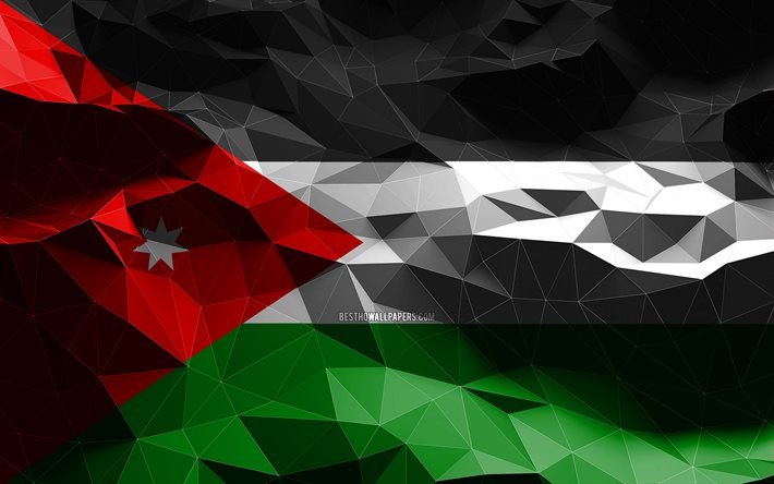 4k, drapeau de la Jordanie, art low poly, pays asiatiques, symboles nationaux, drapeaux 3D, Jordanie, Asie, drapeau 3D de la Jordanie