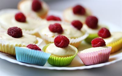 raspberry muffins, baked goods, white frosting muffins, sweets, muffins