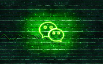 WeChat green logo, 4k, green brickwall, WeChat logo, social networks, WeChat neon logo, WeChat