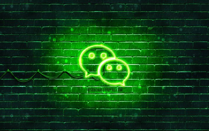 Logo vert WeChat, 4k, mur de briques vert, logo WeChat, r&#233;seaux sociaux, logo n&#233;on WeChat, WeChat