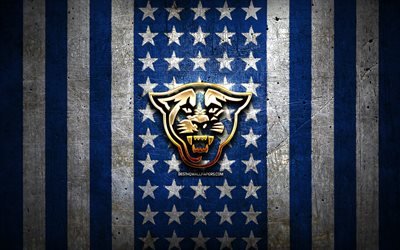 Georgia State Panthers flag, NCAA, blue white metal background, american football team, Georgia State Panthers logo, USA, american football, golden logo, Georgia State Panthers