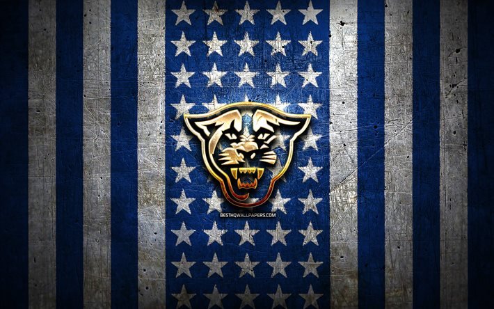 Georgia State Panthers -lippu, NCAA, sininen valkoinen metalli tausta, amerikkalainen jalkapallojoukkue, Georgia State Panthers -logo, USA, amerikkalainen jalkapallo, kultainen logo, Georgia State Panthers
