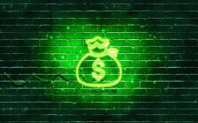 Money Bag neon icon, 4k, green background, neon symbols, Money Bag, neon icons, Money Bag sign, financial signs, Money Bag icon, financial icons