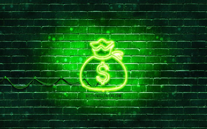 Icona al neon della borsa dei soldi, 4K, sfondo verde, simboli al neon, borsa dei soldi, icone al neon, segno della borsa dei soldi, segni finanziari, icona della borsa dei soldi, icone finanziarie