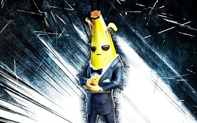 4k, Mister Banane Skin, art grunge, Fortnite Battle Royale, rayons abstraits bleus, personnages Fortnite, Mister Banane, Fortnite, Mister Banane Fortnite