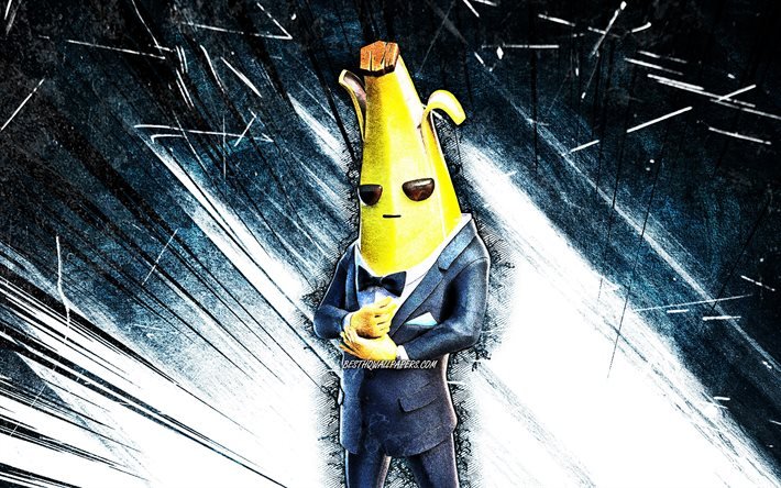 4k, Mister Banane Skin, art grunge, Fortnite Battle Royale, rayons abstraits bleus, personnages Fortnite, Mister Banane, Fortnite, Mister Banane Fortnite