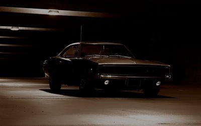 1970, Dodge Charger, evening, garage, american retro cars, black Charger, Dodge