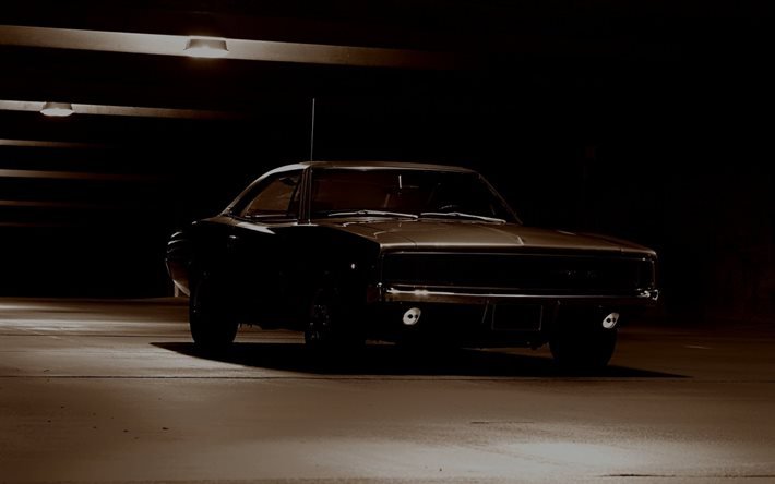 1970, Dodge Charger, noite, garagem, carros retro americanos, preto Charger, Dodge
